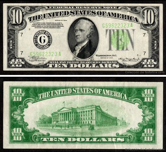 Billete de diez dólares de la Reserva Federal de Chicago, serie 1934 (imagen de tipo); ejemplar de colección G30986728A
