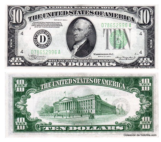 Billete de diez dólares de la Reserva Federal, serie de 1934, cuatro distritos: Cleveland, Richmond, Chicago y San Francisco