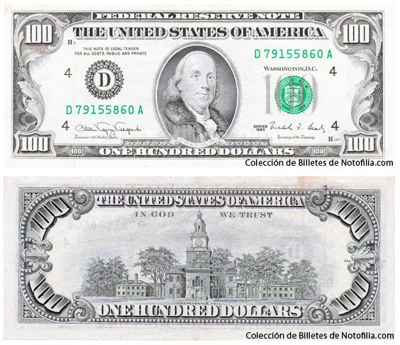 Federal Reserve Note de cien dólares, Distrito D de Cleveland, serie de 1990, anverso y reverso