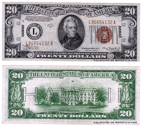 Billete de veinte dólares de la Reserva Federal con sobreimpresión de emergencia HAWAII, serie 1934-A, anverso y reverso