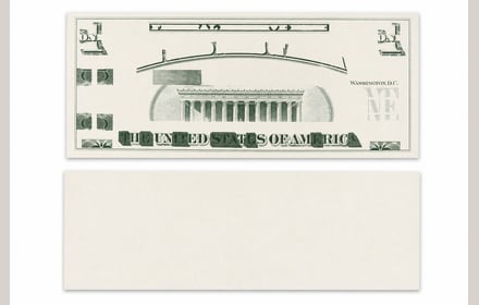Nota de prueba Magna/Giori uniface: Memorial Lincoln en verde hierba arriba; reverso en blanco abajo