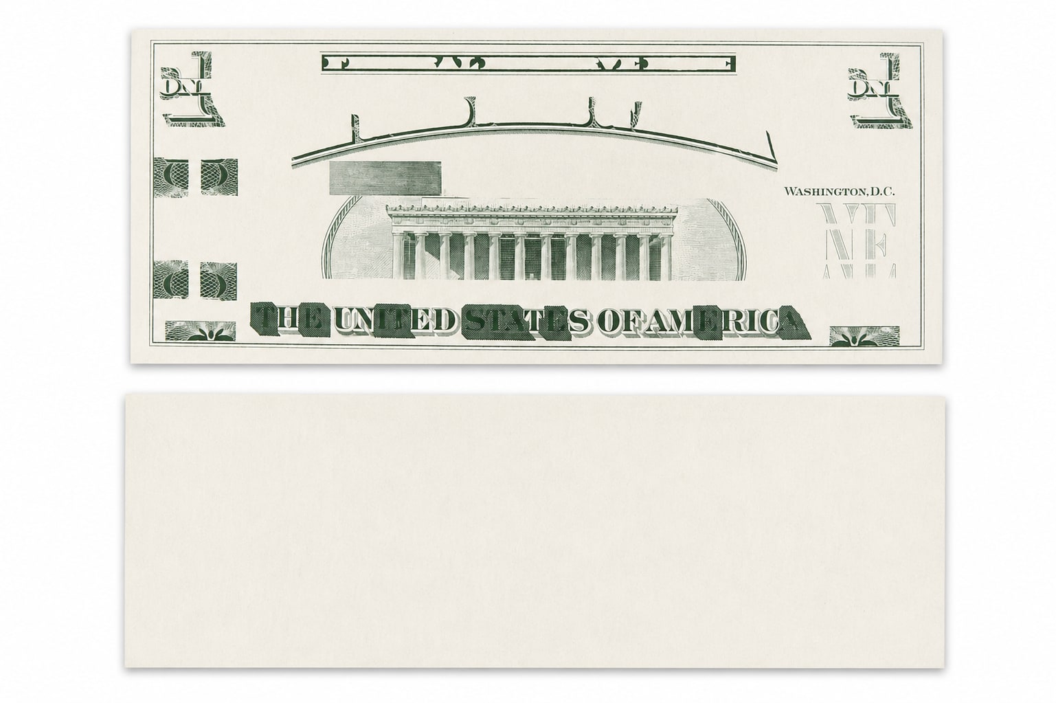 Nota de prueba Magna/Giori uniface: Memorial Lincoln en verde hierba arriba; reverso en blanco abajo