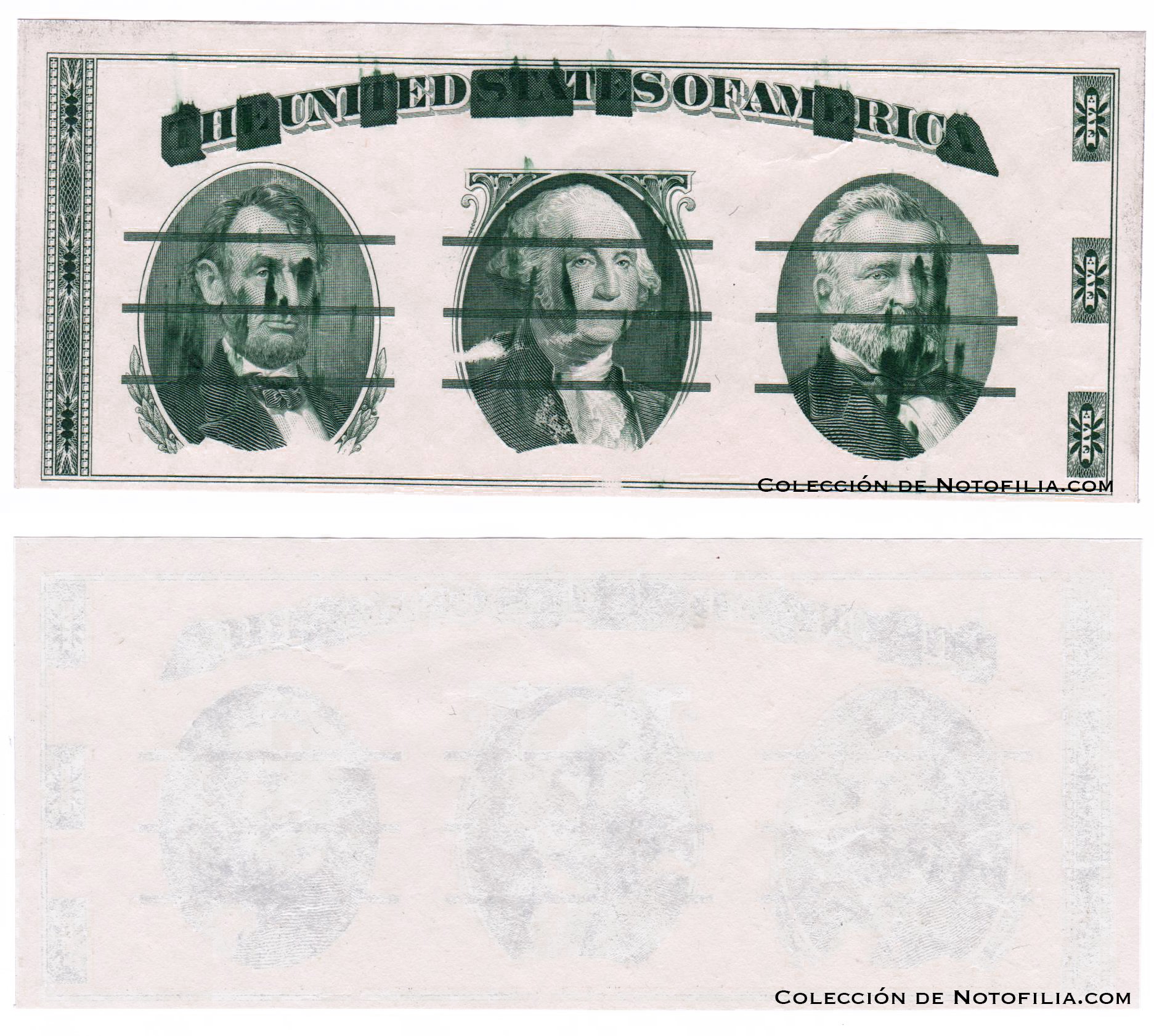 Nota de prueba de la prensa Giori con los retratos de Lincoln, Washington y Grant, anverso y reverso