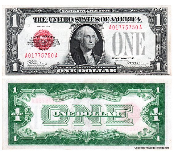 United States Note de un dólar con sello rojo, serie de 1928, reverso funny back, anverso y reverso