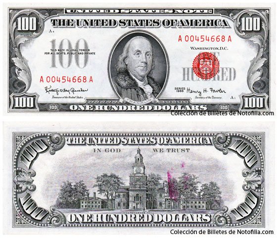 United States Note de cien dólares con sello rojo, serie de 1966, anverso con Benjamin Franklin y reverso con Independence Hall
