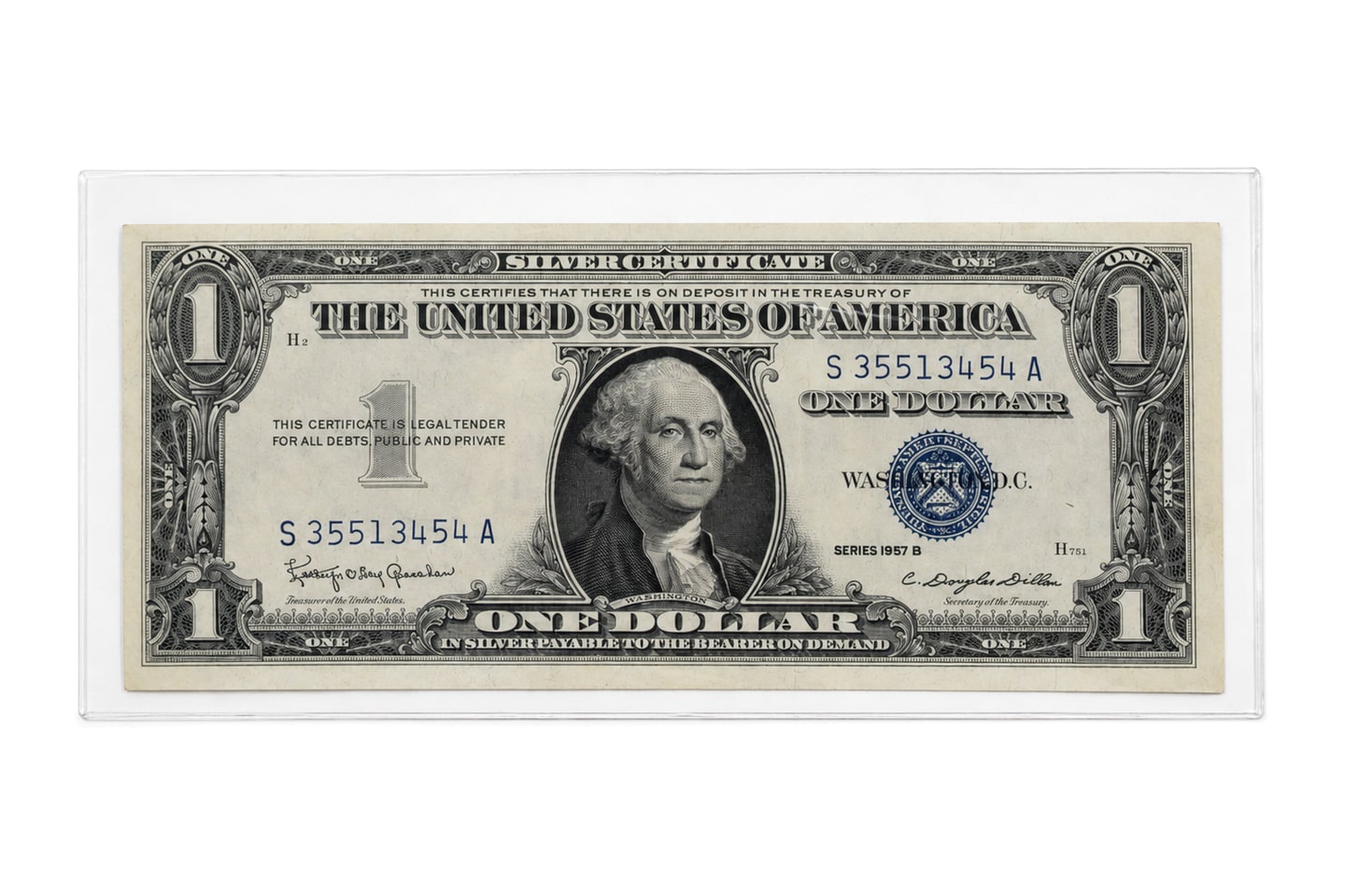 Certificado de plata de un dólar de Estados Unidos, Serie 1957B, anverso con sello azul