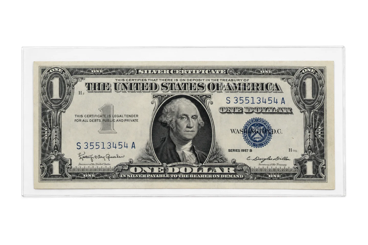 Certificado de plata de un dólar de Estados Unidos, Serie 1957B, anverso con retrato de Washington, sello azul y serie S 35513454 A, en funda transparente