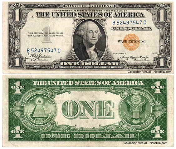 Certificado de plata de un dólar con sello amarillo de emergencia Norte de África, serie 1935-A, anverso y reverso