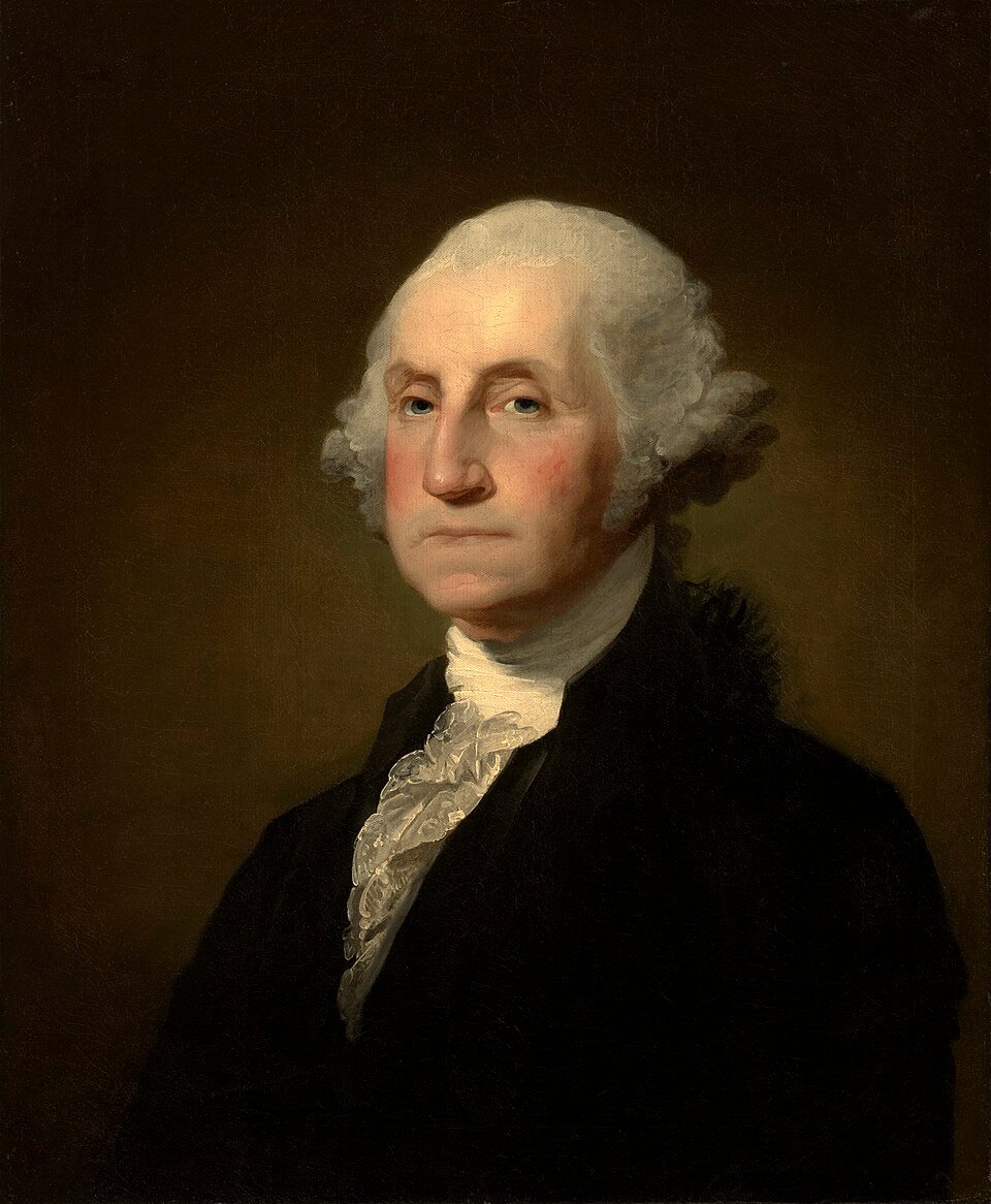 Retrato al óleo de George Washington, con casaca negra y camisa blanca de gorguera