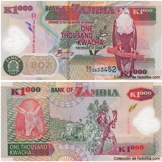 Billetes de polímero de Zambia: 500 y 1.000 Kwacha (2003)
