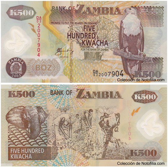 Billete de 500 Kwacha de polímero del Bank of Zambia, anverso arriba con águila pescadora africana y árbol baobab, reverso abajo con recolectores de algodón, un elefante y la Estatua de la Libertad de Zambia